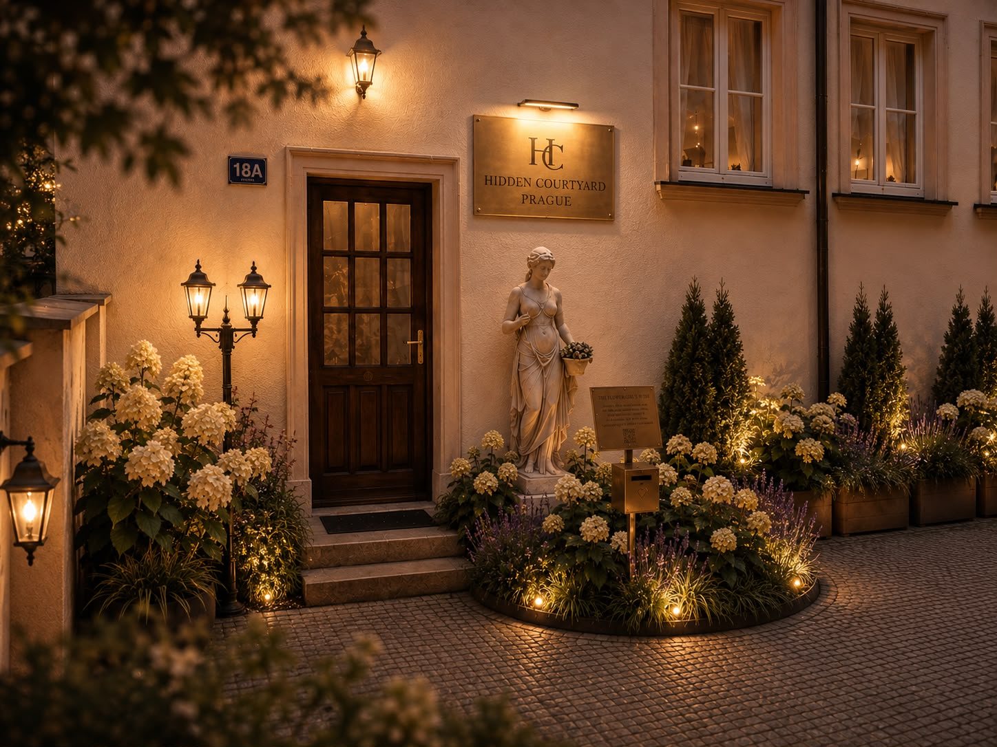 Evening courtyard entrance of Hidden Courtyard Prague